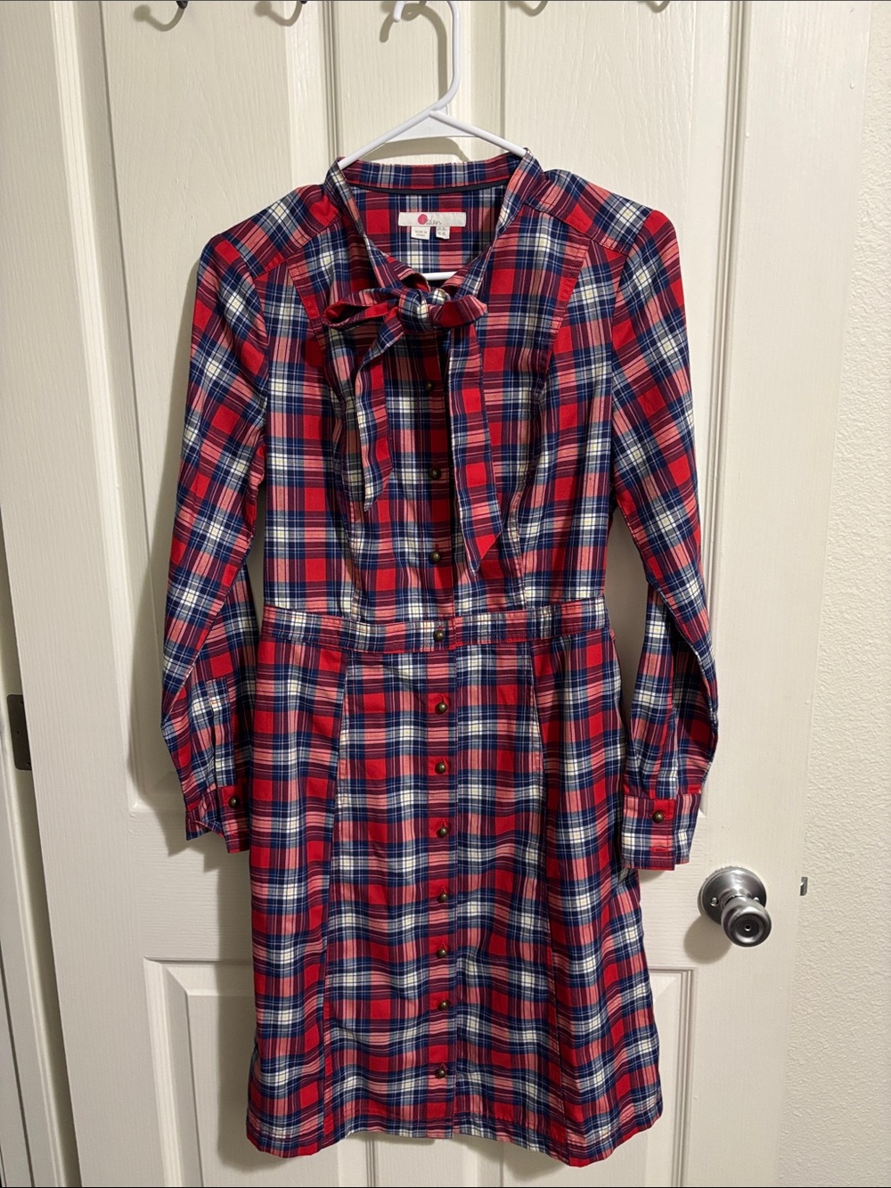 Boden Red, Navy and White Plaid Long-Sleeve Shirtdress with Neck Tie